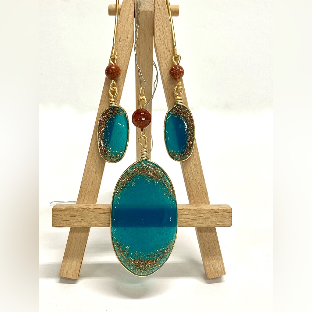 Handmade Resin Art Jewelry Pendant Dangle Earrings Set 70$